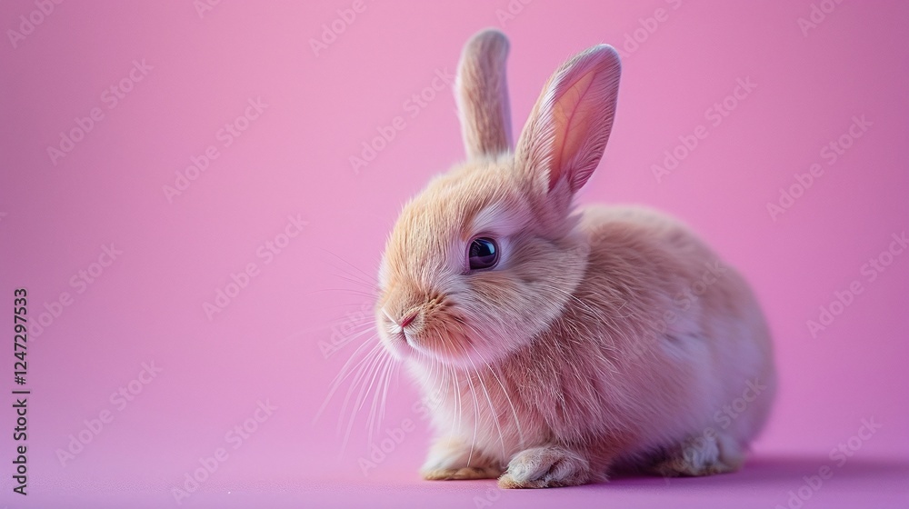 Obraz premium Cute bunny on pink background, soft rabbit portrait, vibrant and minimalistic animal image, pastel theme, fluffy fur detail, adorable small pet, close-up composition, gentle creature
