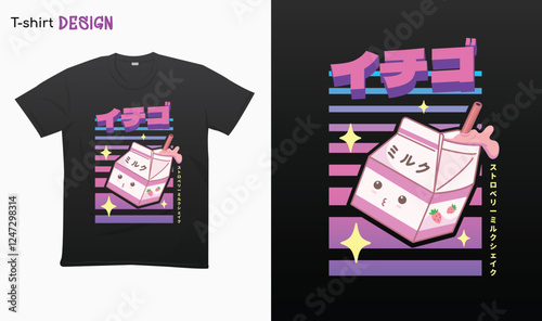 Japanese aesthetics strawberry milk shake.Letters With イチゴ Means Strawberry , ストロベリーミルクセーキ means strawberry milk shake.vaporwave design illustration. T-shirt mock up vector. Eps 10 vector. 