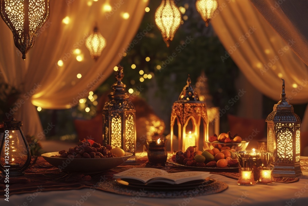 Fototapeta premium Warm Ramadan Iftar Feast: Golden Lanterns, Dates, Quran and Festive Lights Illuminate a Cozy Evening of Islamic Tradition and Celebration