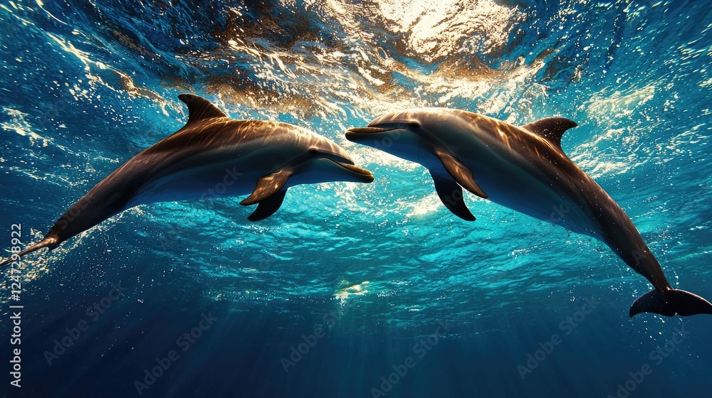 Obraz premium Dolphins interacting underwater, ocean sunlight, marine life