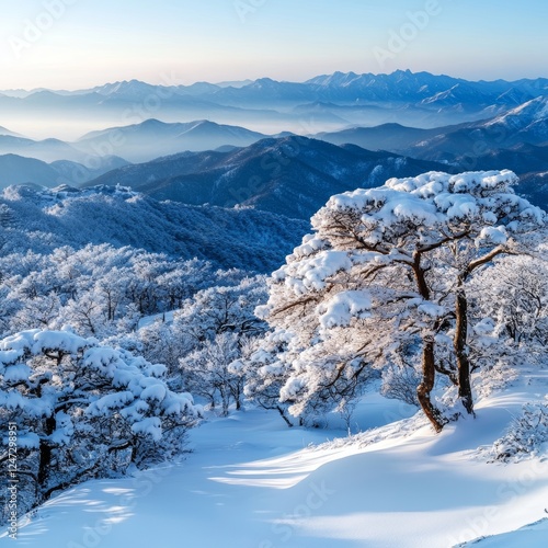 Beautiful winter mountain landscape with snow covered trees (South Korea)