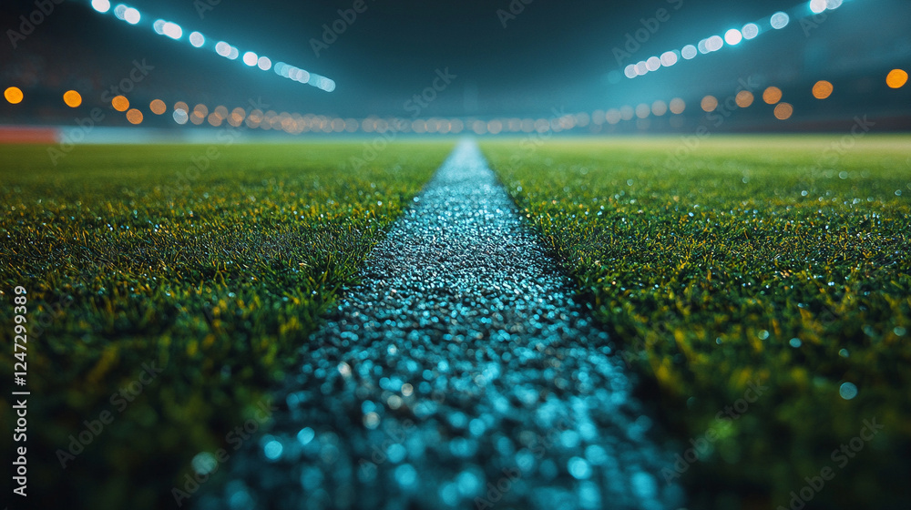 Naklejka premium A modern sports field, featuring a green rugby pitch, American football elements, and a race track in the distance. Blurred empty space with bright tones symbolizes opportunity, competition, and focus