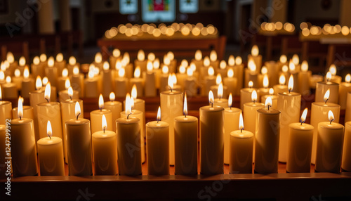 Rows of glowing memorial candles in dim church, remembrance and peace
