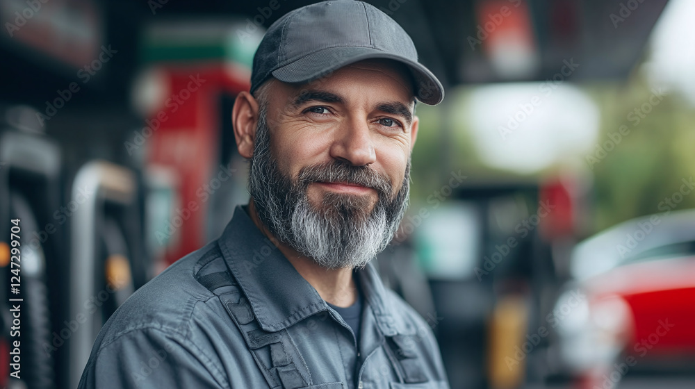 Middle aged gas station worker or employee, man with the beard wearing gray uniform and a cap, looking at the camera and smiling. modern car and petroleum fuel pumps in the background. Middle aged gas station worker or employee, man with the beard wearing gray uniform and a cap, looking at the camera and smiling. modern car and petroleum fuel pumps in the background.