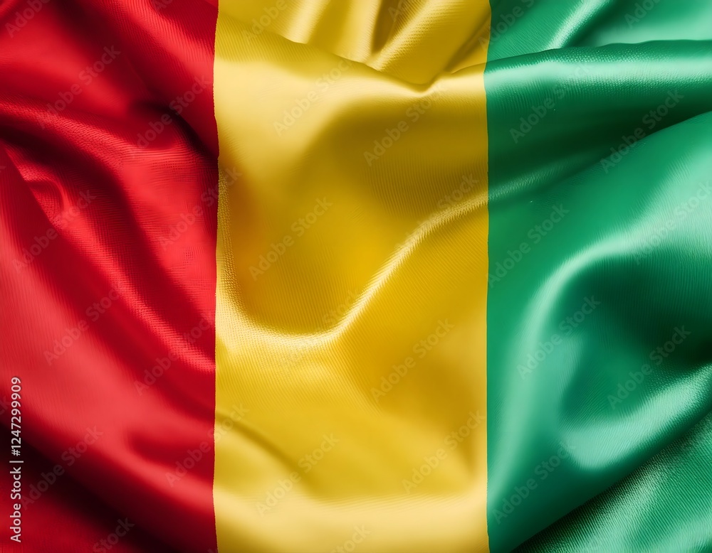 Vibrant Guinea flag waving with luxurious satin texture - Patriotic and cultural symbol Vibrant Guinea flag waving with luxurious satin texture - Patriotic and cultural symbol