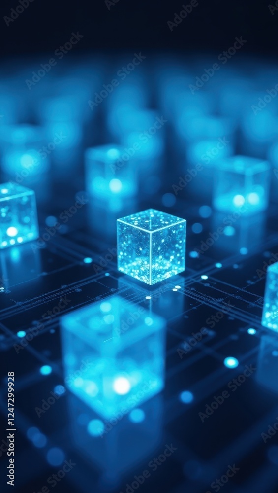 Obraz premium Digital representation of blockchain technology with glowing cubes and connections in a dark setting
