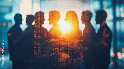 Wallpaper Mural Group of business people silhouettes in modern office building and business network concept. Human resources with pastel innovation charts and graphs with statistics to analyze business Torontodigital.ca