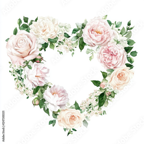 Beautiful floral heart arrangement featuring soft pink and white roses, peonies, and greenery, perfect for romantic occasions or decorative purposes