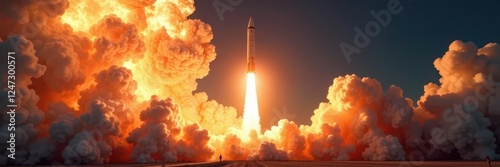 Thermonuclear armed intercontinental ballistic missile launches into the air with a massive nuclear explosion in the background, warfare, rocket
