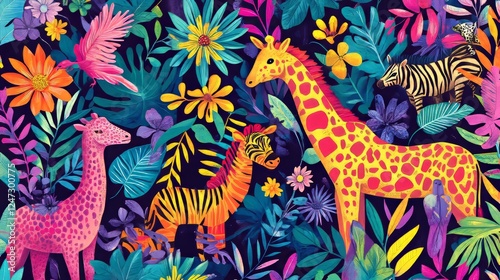 Vector African seamless tropical rainforest Jungle background with animals