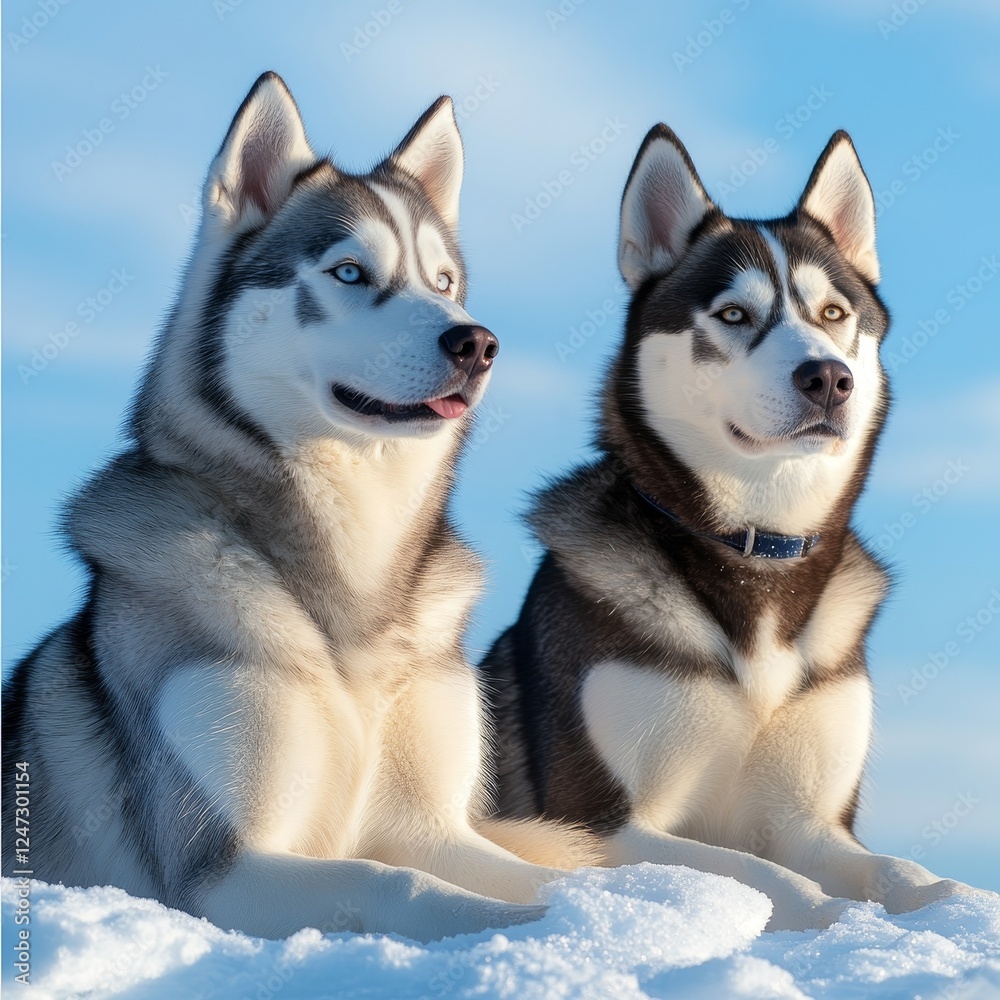 Two Siberian Husky dogs sitting in the snow on blue sky background Two Siberian Husky dogs sitting in the snow on blue sky background