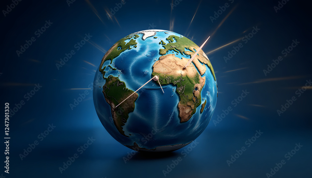 Dynamic 3D globe with rotating clock hands at 8:30 PM symbolizing Earth Hour in vibrant colors Dynamic 3D globe with rotating clock hands at 8:30 PM symbolizing Earth Hour in vibrant colors