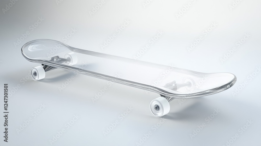 A transparent skateboard showcasing its design and functionality.