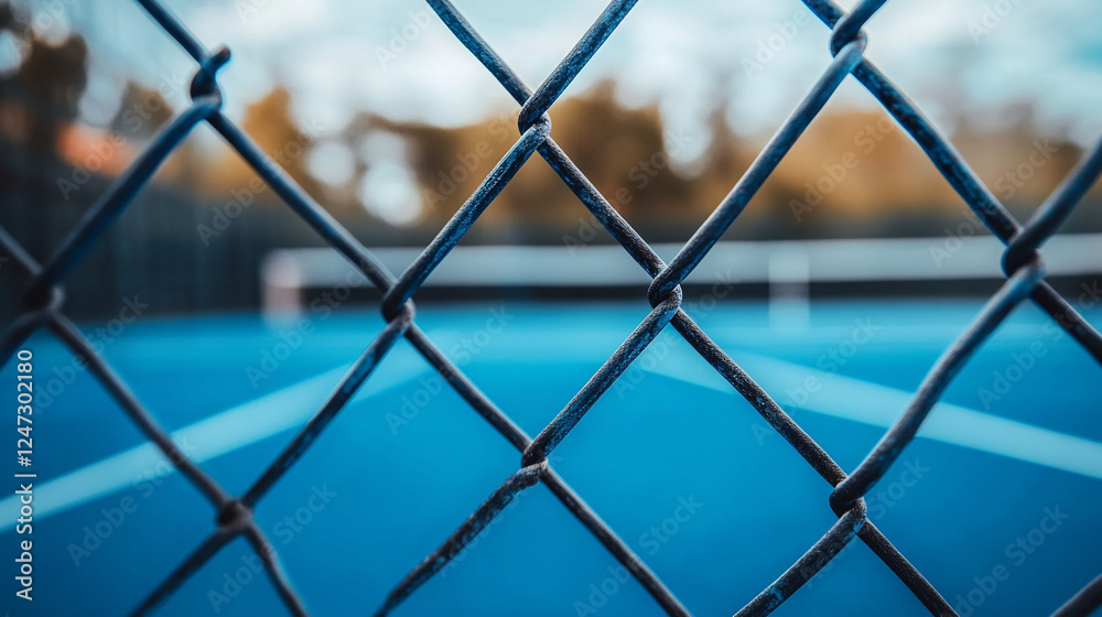 A silver chain-link fence stands in focus, symbolizing boundaries and separation, while a blurred, empty blue tennis court under a cloudy sky evokes a sense of solitude and stillness.
A silver chain-link fence stands in focus, symbolizing boundaries and separation, while a blurred, empty blue tennis court under a cloudy sky evokes a sense of solitude and stillness.
