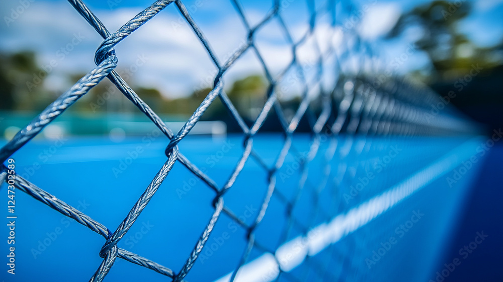 A silver chain-link fence stands in focus, symbolizing boundaries and separation, while a blurred, empty blue tennis court under a cloudy sky evokes a sense of solitude and stillness.
A silver chain-link fence stands in focus, symbolizing boundaries and separation, while a blurred, empty blue tennis court under a cloudy sky evokes a sense of solitude and stillness.