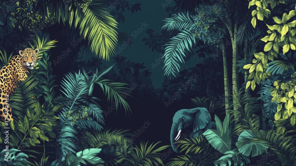 Fototapeta premium Jungle forest silhouette, rainforest background. Amazon forest scenery, african or Brazil jungle environment vector backdrop, wallpaper with palm trees, lianas, jaguar and elephant animals silhouettes