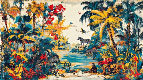 Fototapeta Naklejka Na Ścianę i Meble -  Tropical vintage botanical landscape, tiger, zebra, leopard, monkey animal, green parrot, palm tree, banana tree, plant floral seamless border white background. Exotic jungle wallpaper.	