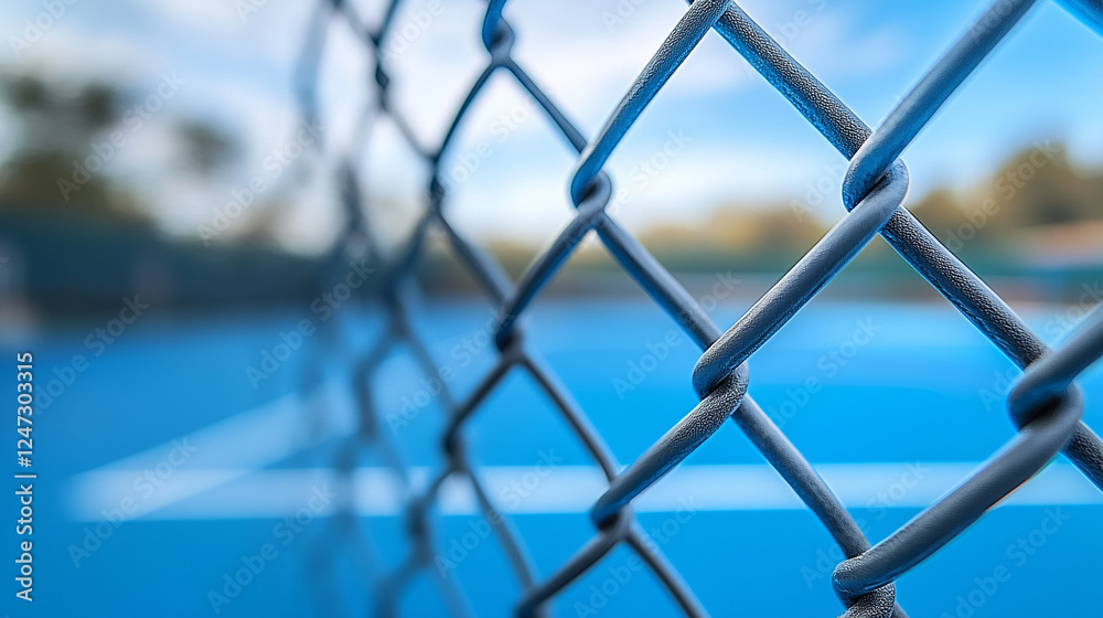 A silver chain-link fence stands in focus, symbolizing boundaries and separation, while a blurred, empty blue tennis court under a cloudy sky evokes a sense of solitude and stillness.
A silver chain-link fence stands in focus, symbolizing boundaries and separation, while a blurred, empty blue tennis court under a cloudy sky evokes a sense of solitude and stillness.