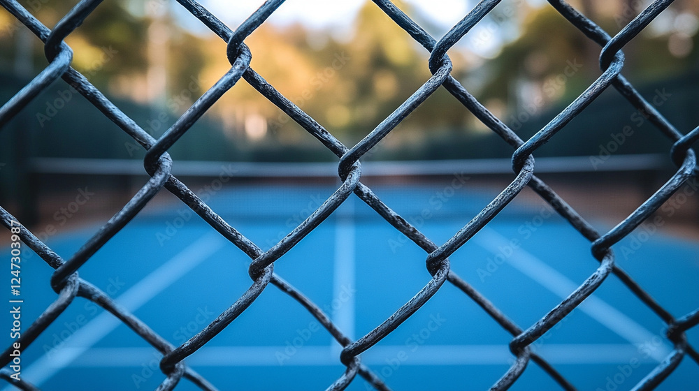 A silver chain-link fence stands in focus, symbolizing boundaries and separation, while a blurred, empty blue tennis court under a cloudy sky evokes a sense of solitude and stillness.
A silver chain-link fence stands in focus, symbolizing boundaries and separation, while a blurred, empty blue tennis court under a cloudy sky evokes a sense of solitude and stillness.