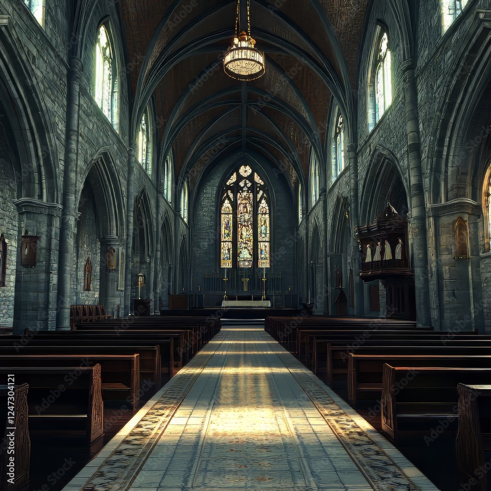 Fototapeta premium Interior of church with sunlight and architecture