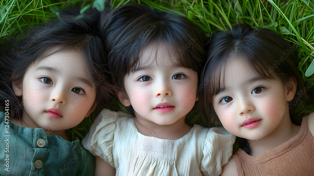 Three children lying on their stomachs in the grass, their heads close together as they chat about their day. The connection between them is captured with a natural backdrop, Three children lying on their stomachs in the grass, their heads close together as they chat about their day. The connection between them is captured with a natural backdrop,