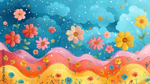 Whimsical background with cheerful pastel-colored shapes, flowers, and stars