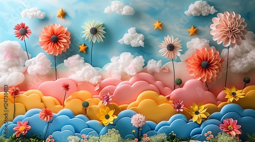 Soft and colorful backdrop with imaginative elements like clouds, flowers, and happy stars
