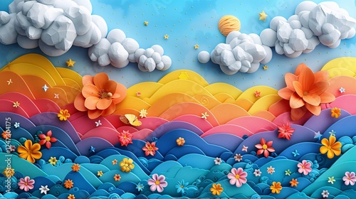Soft and colorful backdrop with imaginative elements like clouds, flowers, and happy stars