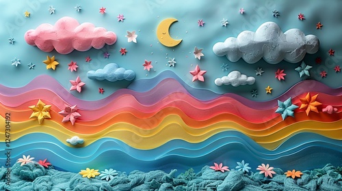 Soft and colorful backdrop with imaginative elements like clouds, flowers, and happy stars