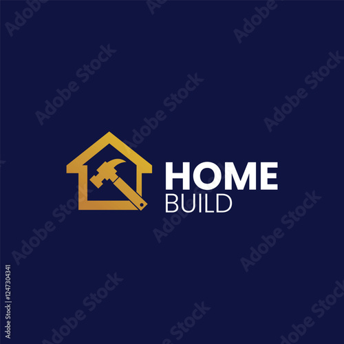 Creative design of a home building logo featuring a hammer and house silhouette