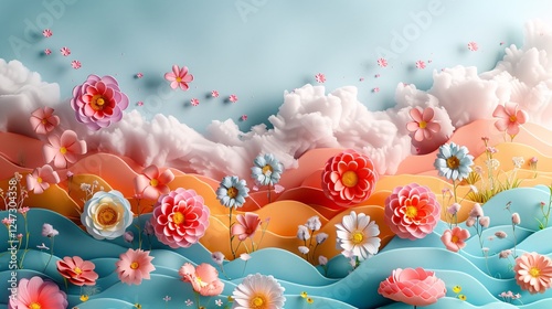Soft and colorful backdrop with imaginative elements like clouds, flowers, and happy stars