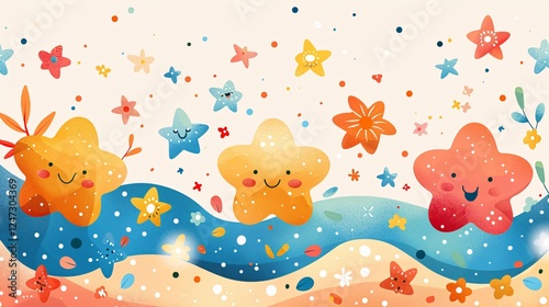 Whimsical background with cheerful pastel-colored shapes, stars, and flowers