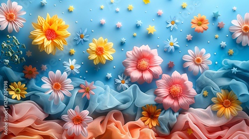 Whimsical background with cheerful pastel-colored shapes, stars, and flowers
