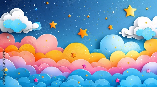 Cute and whimsical backdrop featuring colorful shapes, cheerful stars, and hand-drawn clouds