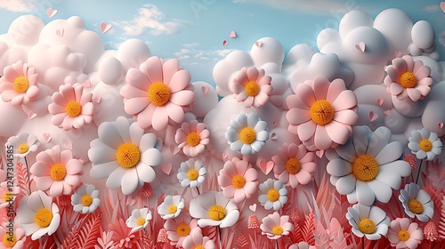 Soft and colorful backdrop with imaginative elements like clouds, flowers, and happy hearts