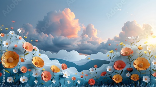 Soft and colorful backdrop with imaginative elements like clouds, flowers, and happy hearts