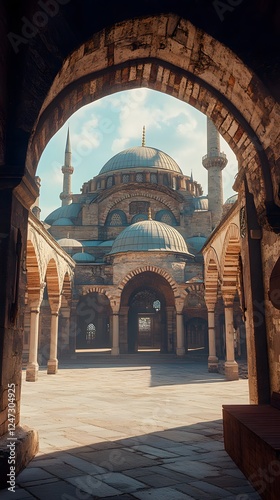 A cinematic still of the exterior view from inside the Blue Mosque
