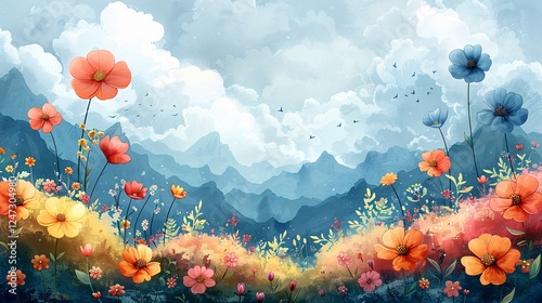 Soft and colorful backdrop with imaginative elements like clouds, flowers, and happy hearts