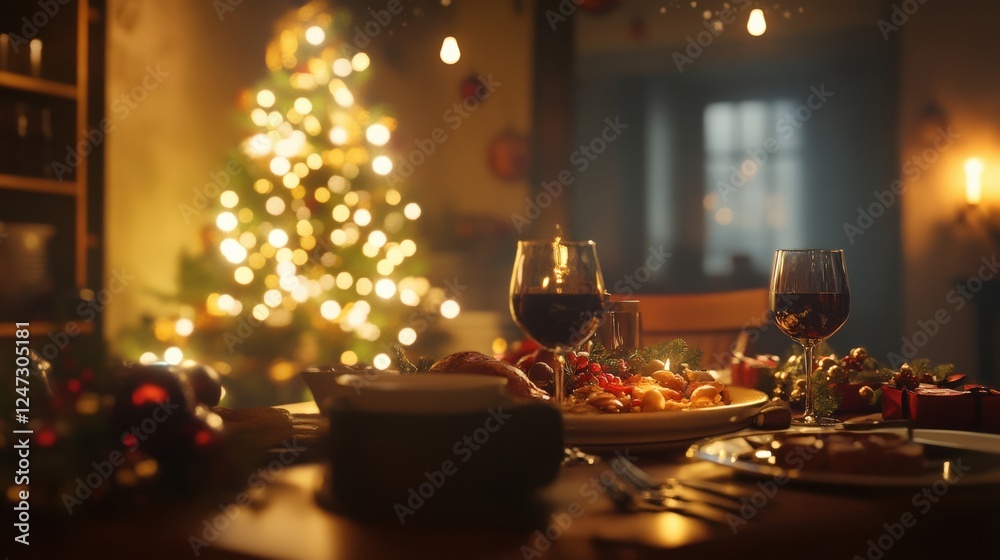 Naklejka premium Cozy Christmas Dinner Setting with Wine and Festive Decorations