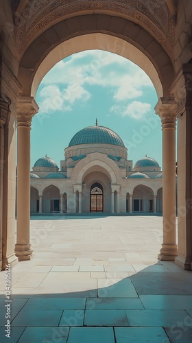 A cinematic still of the exterior view from inside the Blue Mosque
