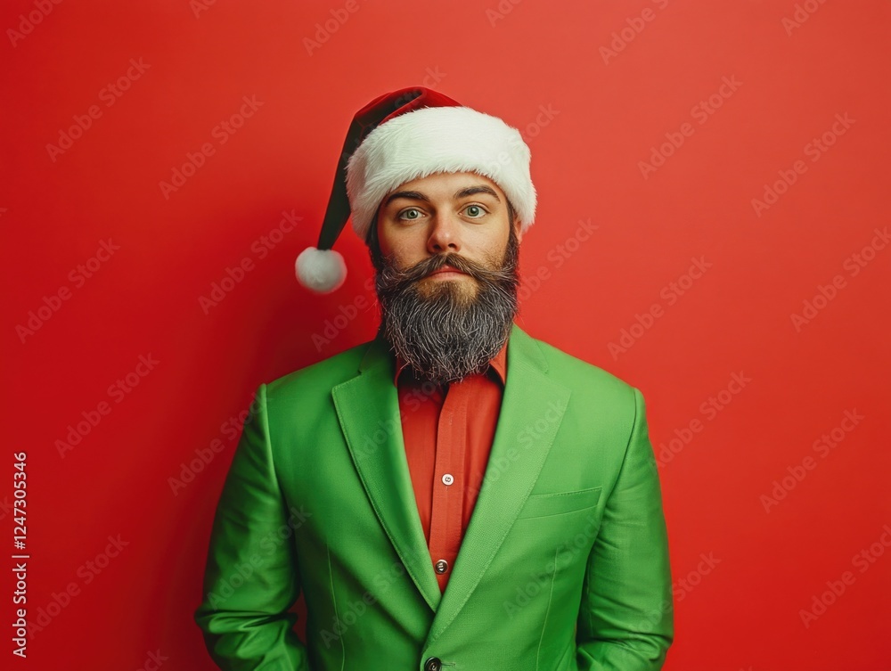 Naklejka premium A man with a beard and a green suit with a red shirt and a santa hat. He is smiling and looking at the camera