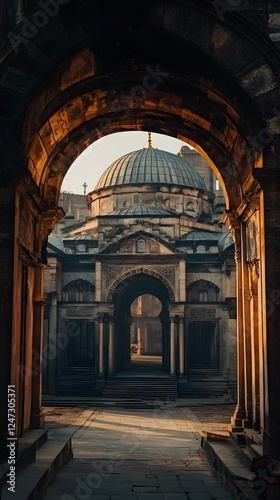 A cinematic still of the exterior view from inside the Blue Mosque
