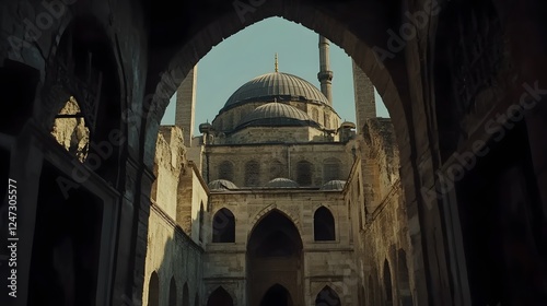 A cinematic still of the exterior view from inside the Blue Mosque
