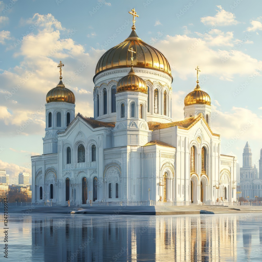 Ornate Cathedral with golden domes reflection Ornate Cathedral with golden domes reflection