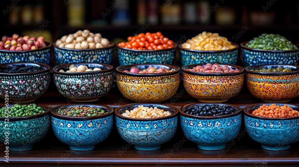 Fototapeta premium A modern table with vibrant bowls filled with fresh seasonal vegetables and fruits, set in a bright, clean space with an empty caption area on the side, symbolizing health and balance