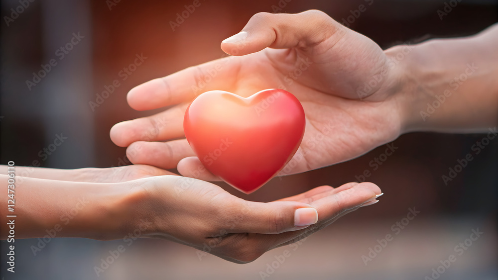 Cupped hands presenting a vibrant red heart agains Cupped hands presenting a vibrant red heart agains