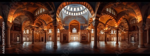 A cinematic still of the exterior view from inside the Blue Mosque
