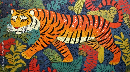 Tiger's Prowl: A Dynamic Gond Artwork of a Majestic Tiger. Gond tiger painting, Indian folk art tiger, Tribal tiger artwork, Jungle animal art, Wildlife Gond painting