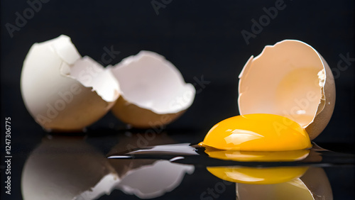 Egg with cracked shells egg yolk spilling out ont photo