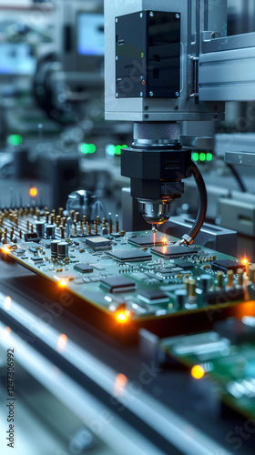 Automated Robotic Arm in a Modern Electronics Manufacturing factory, working and Installation Component on Circuit microchip, with glowing lighting effects, circuit board Manufacturing factory